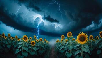 Sunflower Field with Dark Storm Clouds and Lightning Strikes photo
