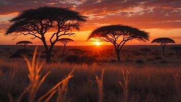 African Landscape with Acacia Trees During Sunset photo