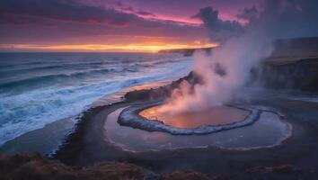 Coastal Geothermal Pool at Sunset with Waves and Steam photo