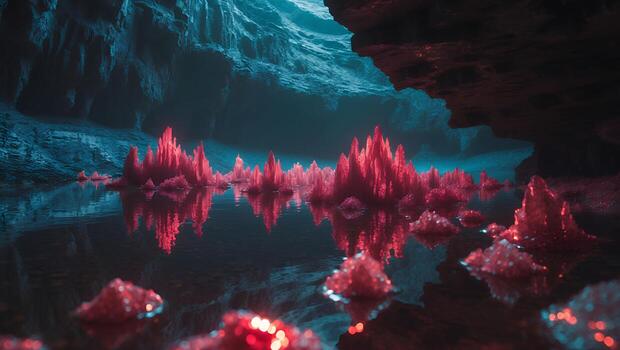 Crystal Formation in a Cave with Water and Reflections photo