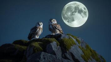 Two Owls Under a Full Moon on Rocky Peak at Night photo