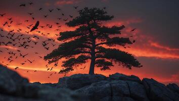 Tree and Bird Silhouette at Sunset photo