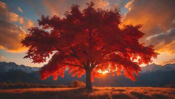 Red Tree Sunset Over Mountain Landscape photo