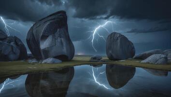 Rocks and Lightning Over Water Landscape photo