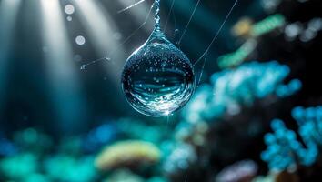 Water Drop on Spider Web in Blue Light photo
