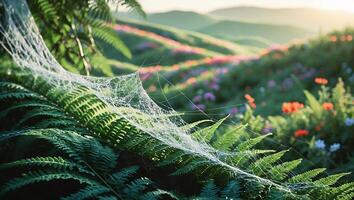 Fern with Spider Web in Field of Flowers photo
