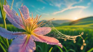 Flower with Dew Covered Cobweb at Sunrise photo
