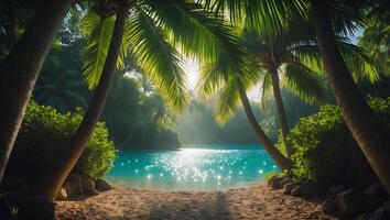 Tropical beach with palm trees and water photo