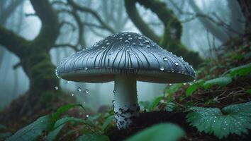 Mushroom Covered in Dew Drops in a Foggy Forest Setting photo