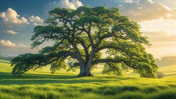 Majestic Tree in Peaceful Meadow with Sunlight photo