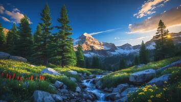 Mountain Landscape with River and Wildflowers photo