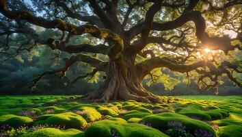 Ancient Oak Tree in a Sunlit Forest Glade with Moss photo