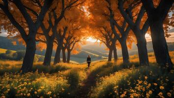 Person Walking Along Path Lined with Trees and Yellow Flowers photo