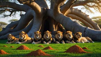 Lions Under Tree on Grass in Savannah photo