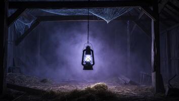 Lantern Inside Creepy Barn with Spiderweb and Fog photo