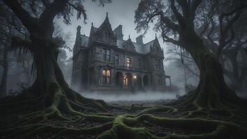 Dark Victorian House in Foggy Forest photo