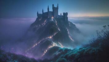 Castle on Mountain Peak in Fog at Dusk photo