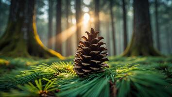 Pine Cone in Forest with Sun Rays photo