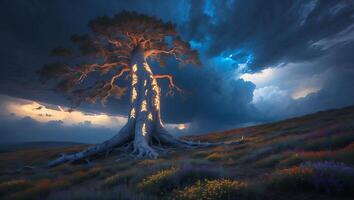 Mystical Tree Under Stormy Sky Landscape photo