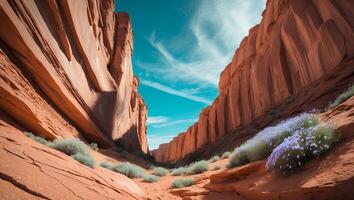 Scenic Canyon Landscape with Rock Formation and Desert Flower photo