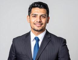 A smiling businessman in a pinstripe suit photo