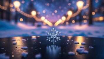Snowflake on Dark Surface in Winter Landscape photo