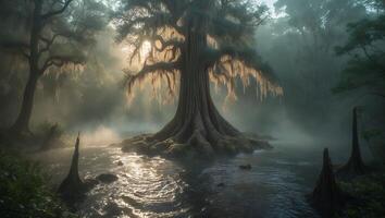 Swamp Tree with Moss in Water photo