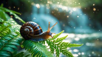 Snail on Fern Leaf with Waterfall Backdrop photo