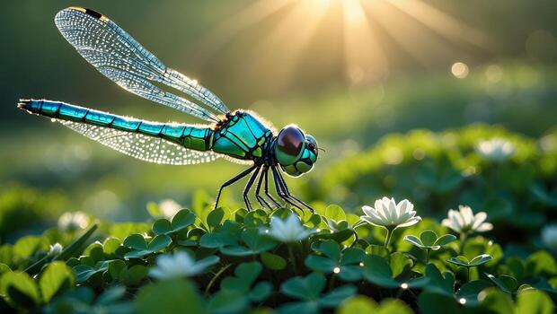 Dragonfly on Clover Field in Sunlight photo