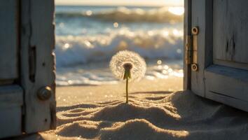 Dandelion on Beach with Open Door to Ocean photo