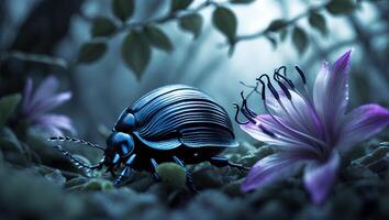 Beetle on Ground Near a Flower photo
