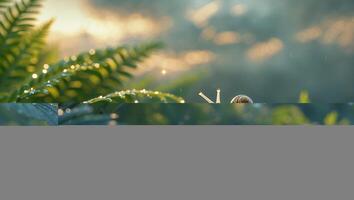 Snail on Leaf with Water Drops photo