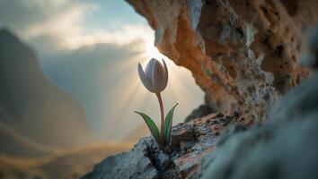 Tulip Growing From Rock with Sunlight photo