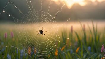 Spider on Dew Covered Web in Grassy Field at Sunrise photo