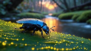 Shiny Beetle on Dew Covered Leaf photo