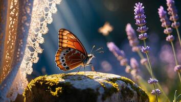 Butterfly on Mossy Stone with Lavender and Light photo