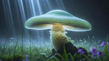 Mushroom Growing in Forest with Sun Rays photo