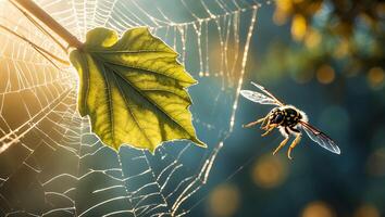 Wasp Flying Near Leaf and Spider Web in Natural Sunlight photo