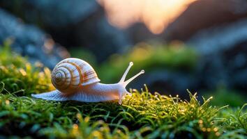 Snail on Moss with Sunlight photo