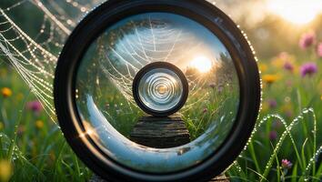 Lens View of Dewy Spiderweb in a Meadow photo