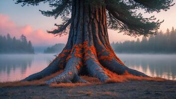 Large Tree on a Lake Shore in the Morning Light photo