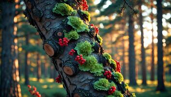 Tree Trunk with Moss and Berries in a Forest photo