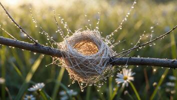Bird Nest on Branch with Dew Drops in Green Meadow photo