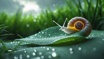 Snail on Wet Leaf with Water Drops photo