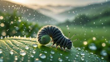 Caterpillar Crawling on Leaf with Water Droplets in Nature photo