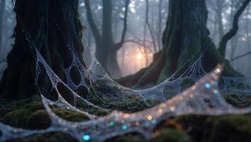 Spiderweb with Dew in Foggy Forest photo
