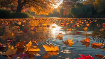 Autumn Leaves Floating on a Serene Lake at Sunset photo