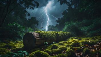 Lightning Strike in Dark Forest with Mossy Log and Green Foliage photo