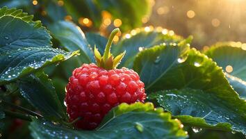 Closeup of Red Berry with Water Drops on Green Leaves photo
