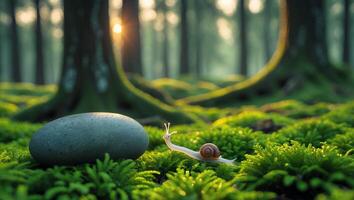 Snail Crawling on Moss with Rock in Forest photo